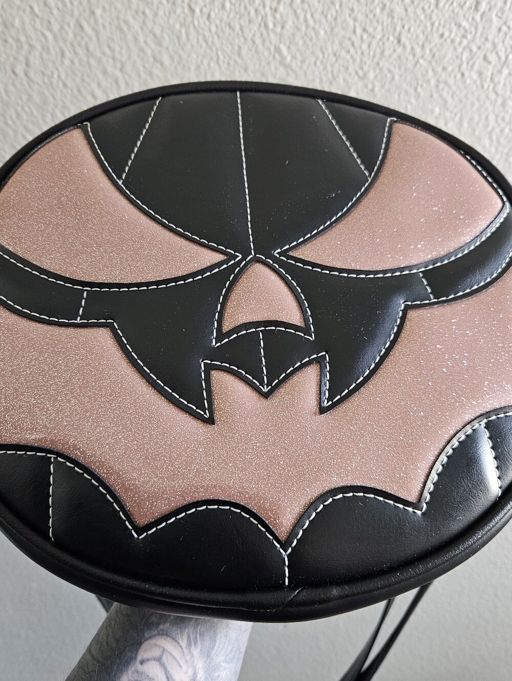 Love Pain and Stitches | Pink Glitter & Black Batmouth Bag